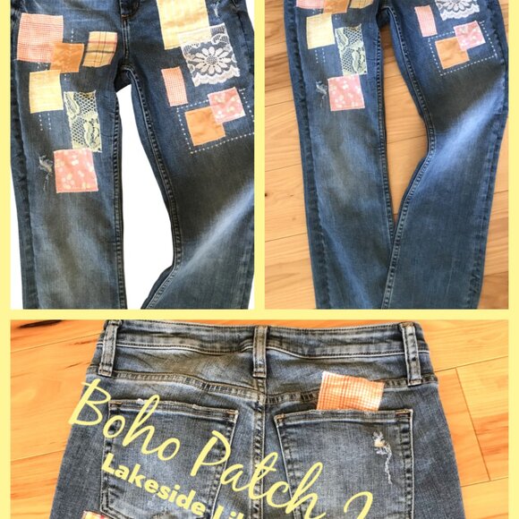 Upcycled Patchwork Jeans, W24 L28.5: Boho Hippie Pants, Spring Pastel Lace - Picture 13 of 13